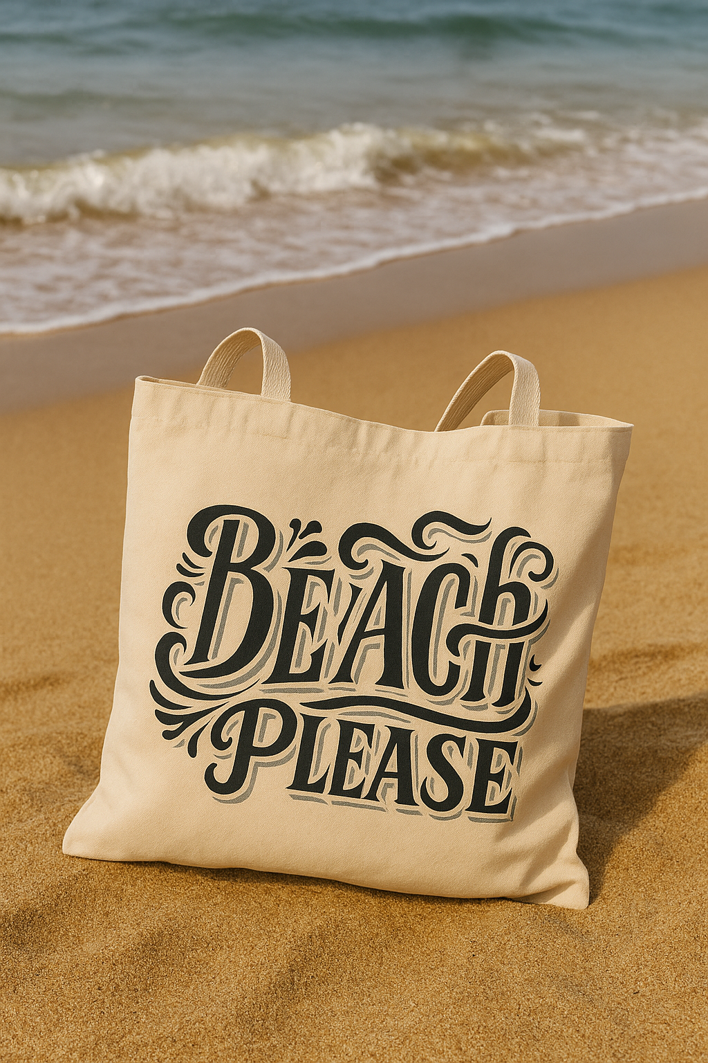 Carry your essentials with a little attitude. This eco-friendly tote bag features the playful "Beach Please" design, perfect for beach days, shopping, or everyday use. • Durable cotton canvas • Spacious & reusable • Lightweight, foldable design