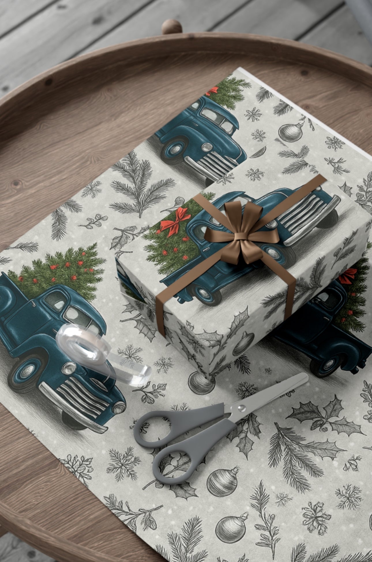 Vintage Blue Truck Christmas Wrapping Paper Retro Chevy with Tree, Holiday Gift Wrap