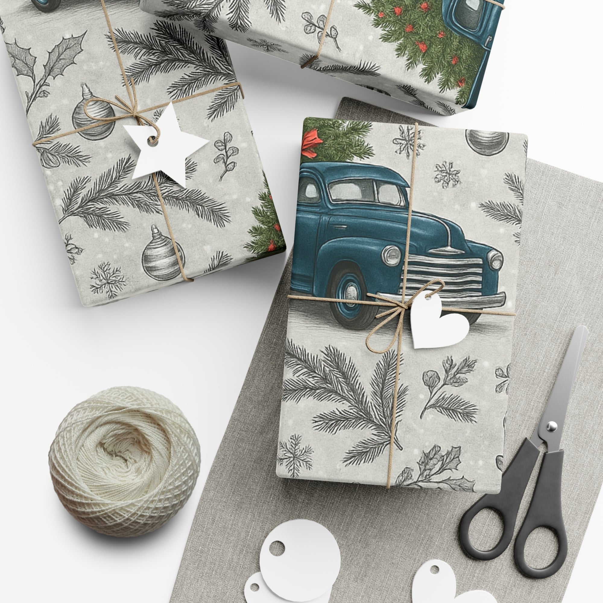 Vintage Blue Truck Christmas Wrapping Paper Retro Chevy with Tree, Holiday Gift Wrap