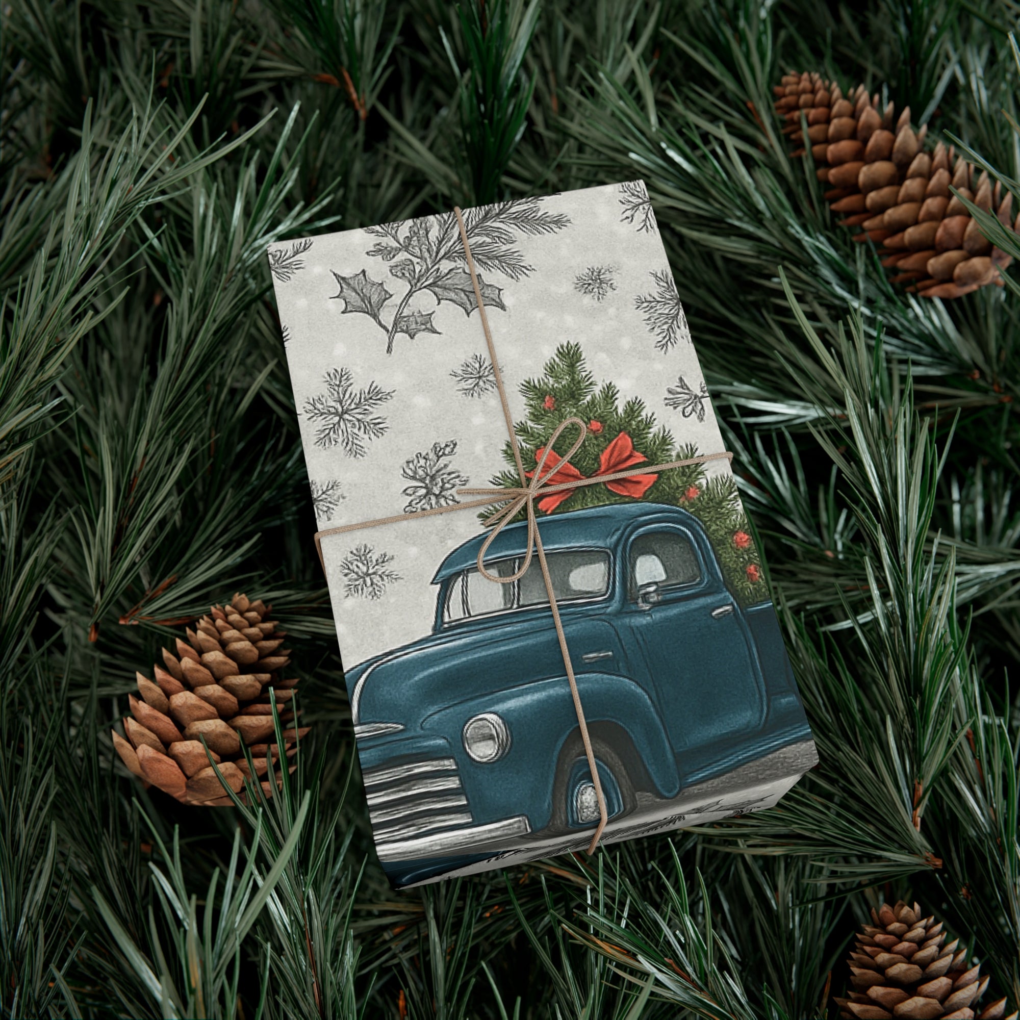 Vintage Blue Truck Christmas Wrapping Paper Retro Chevy with Tree, Holiday Gift Wrap